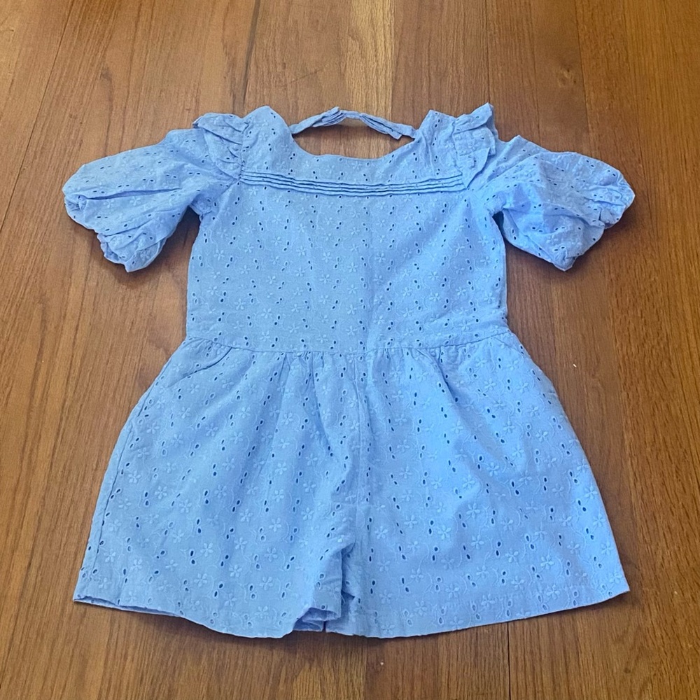 Janie and Jack Blue Eyelet Romper with Puff Sleeves